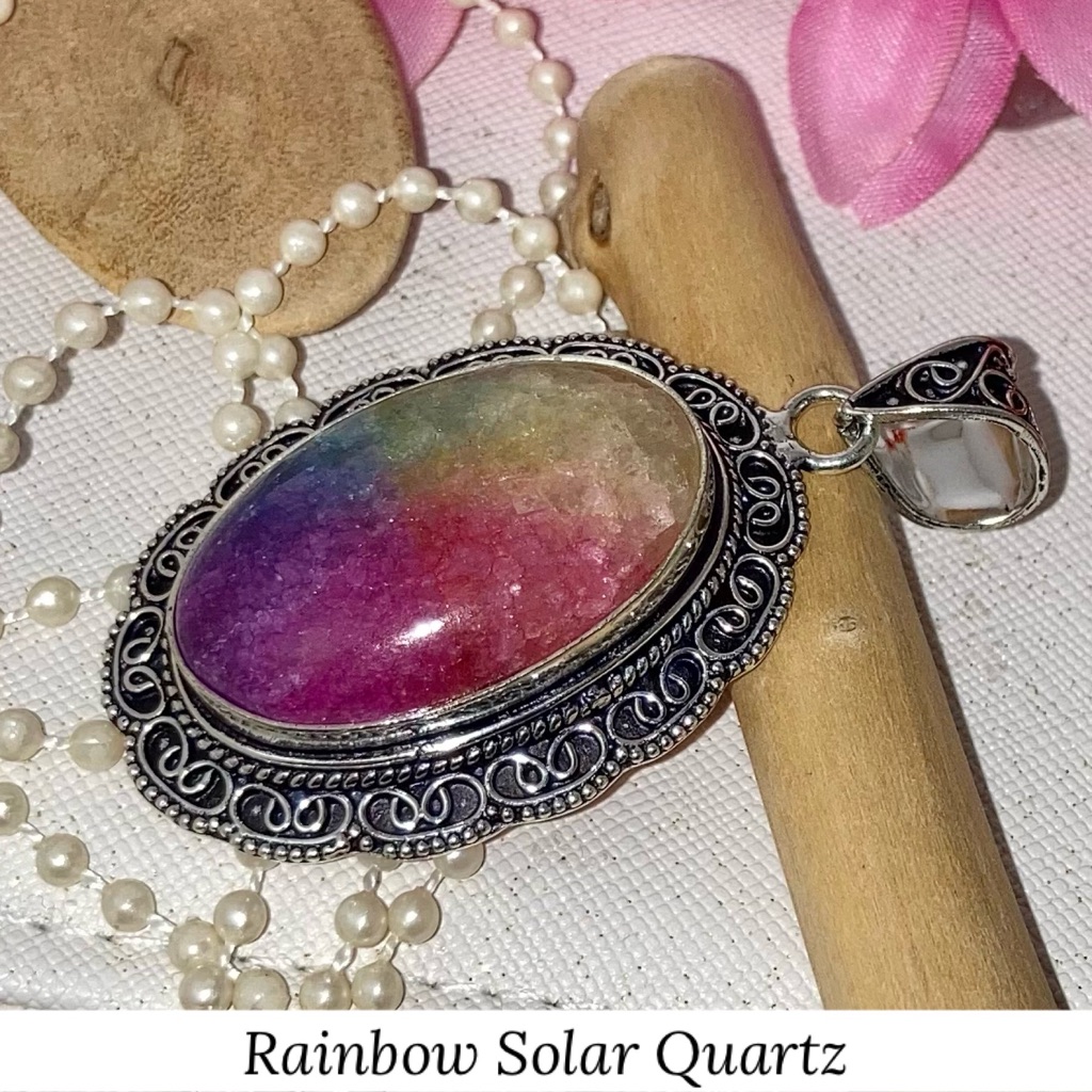 Rainbow Solar Quartz Gemstone Handmade Vintage Style Halo Pendant